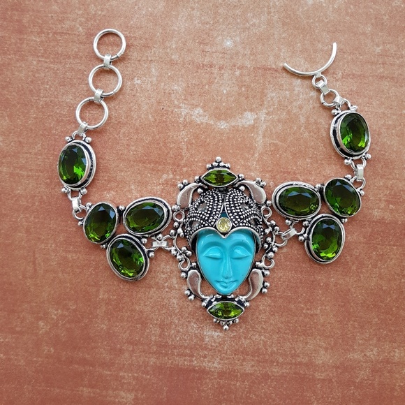 New Carved Goddess Face Peridot & Citrine 925 Silver Bracelet. - Picture 5 of 8